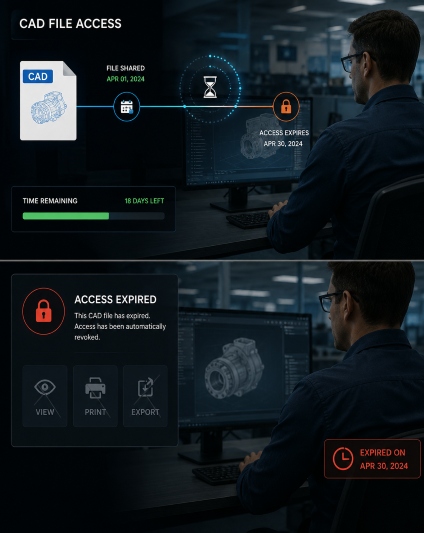 CAD file expiry management with automatic access revocation after set deadline