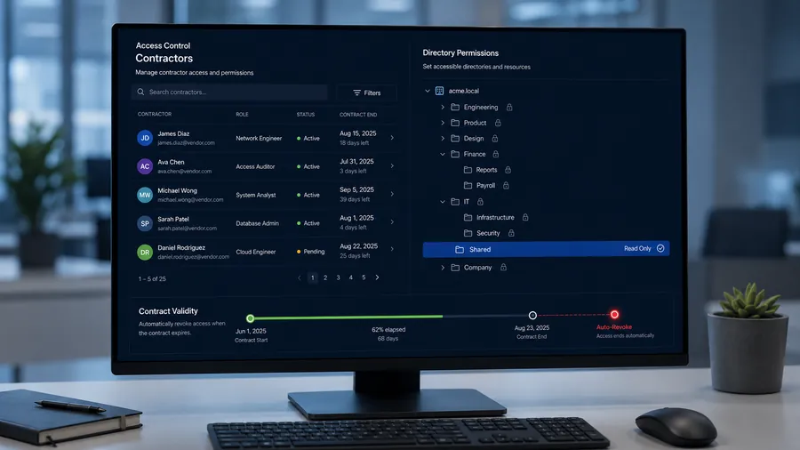 contractor access control dashboard showing scoped time-limited asset access and audit log for game studio