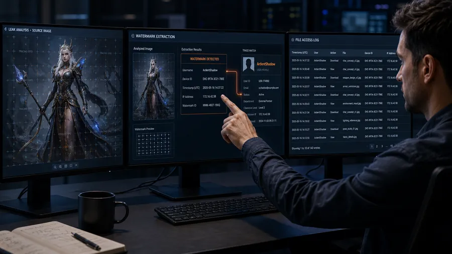 forensic watermark trace identifying source of leaked game concept art to a specific user session