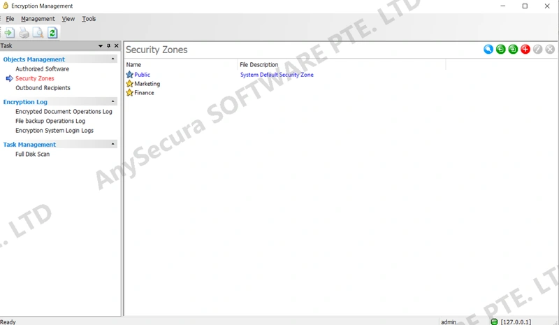 AnySecura Secure Zone Management interface